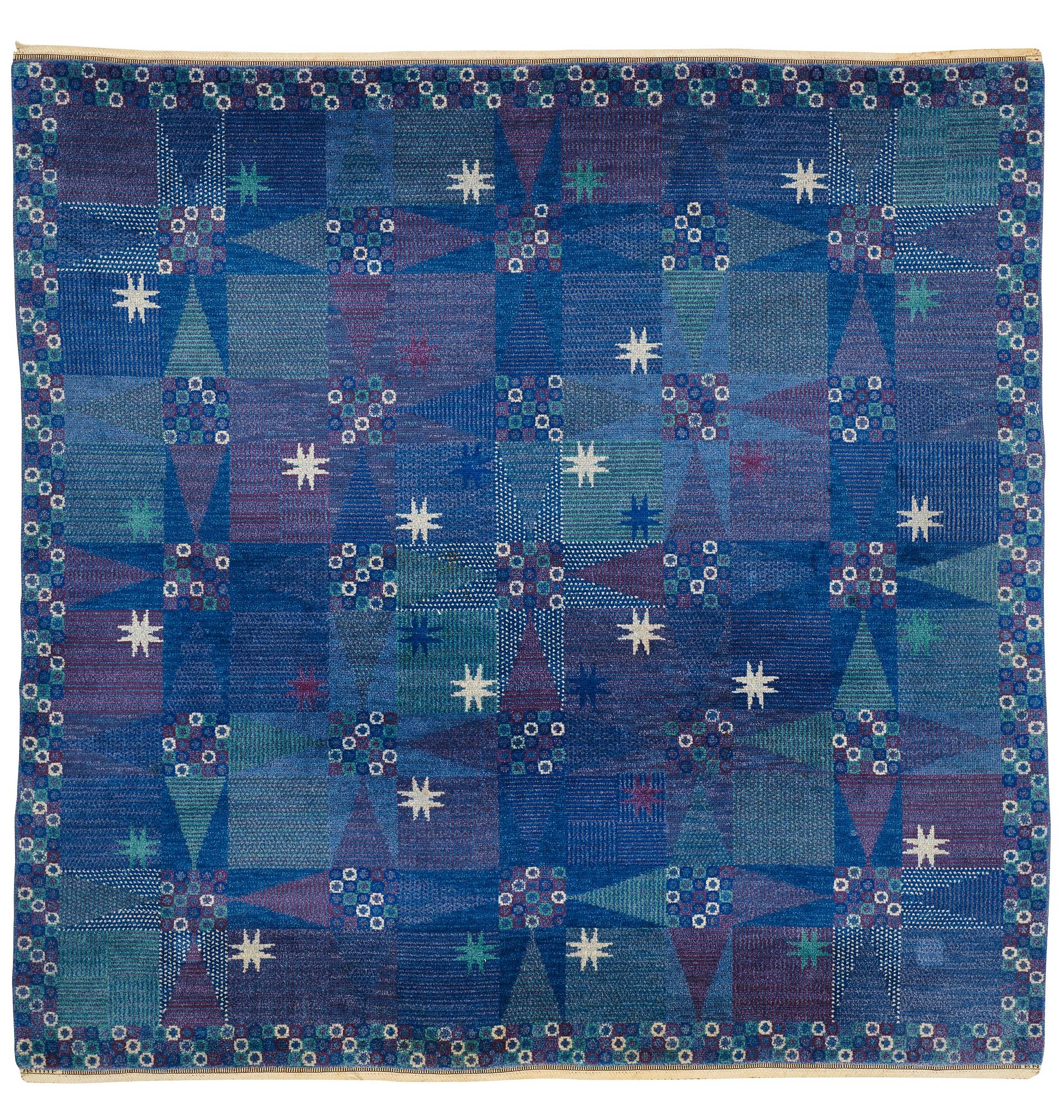 Barbro Nilsson, matta, "Stjärnflossan, blå", flossa, ca 250-253 x 249-253 cm, signerad AB MMF BN.