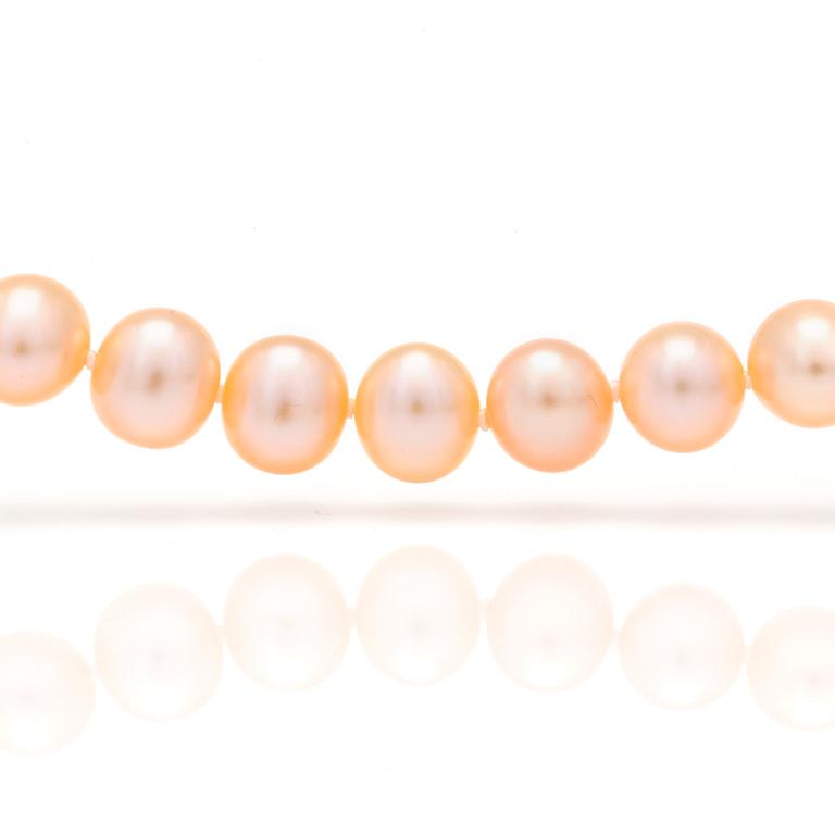 A necklace with cultured, fresh-water pearls.