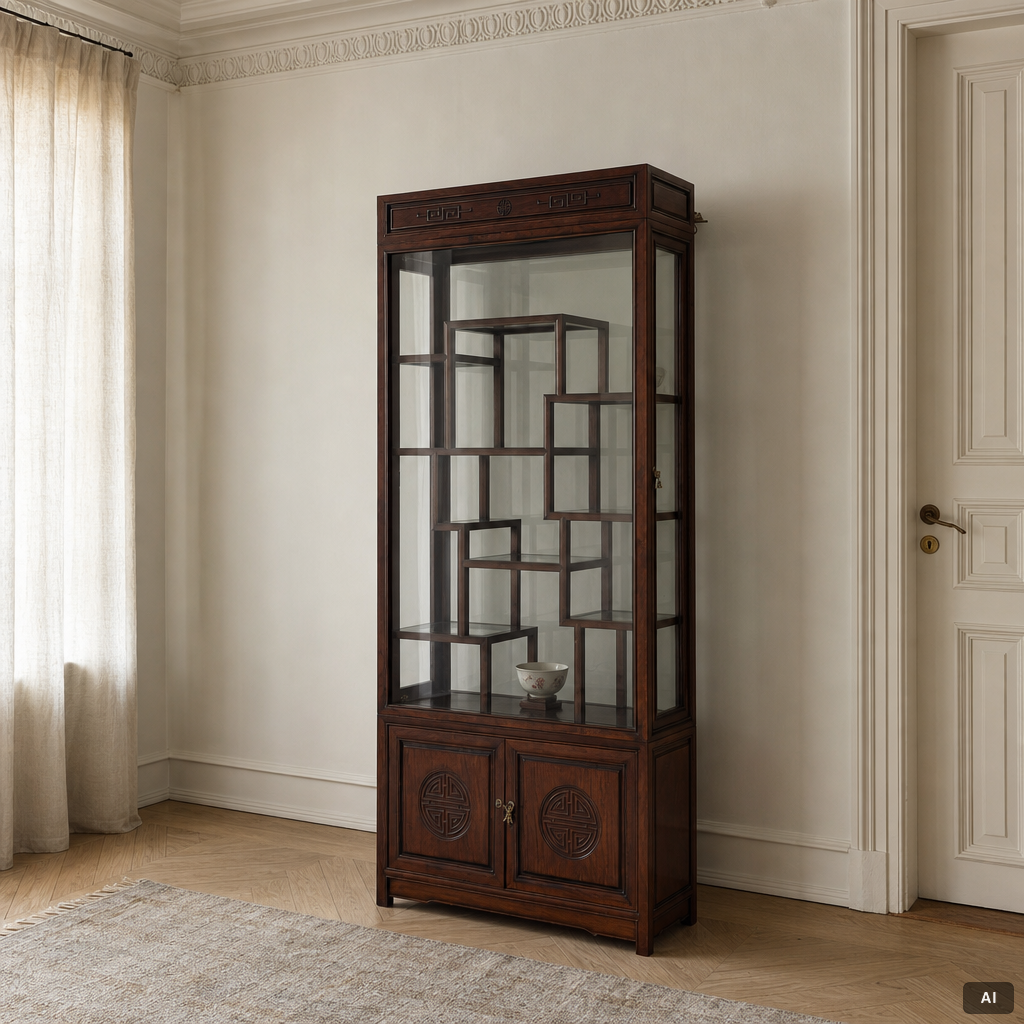 A Chinese display cabinet, wood and glass, later part of the 20th century.