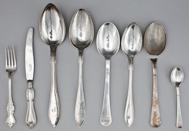 BESTICK, silver, 51 delar, olika modeller, GAB och C.G. Hallberg, Stockholm, 1920-50-tal, tot.vikt ca 1660g.