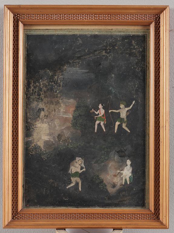 GOUACHE. Nattlig jakt: Bhil-folk jagande svarta bockar.  29,5 x 20,5 cm. Indien, Mogul, Oudh, sent 1700-tal.