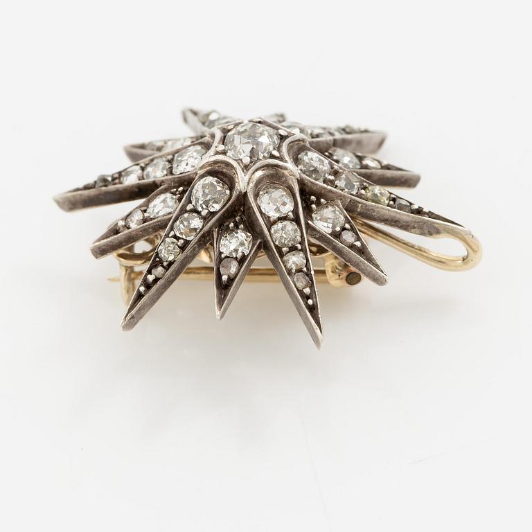 Brosch/hänge 14K guld och silver med gammalslipade diamanter, 1800-tal.