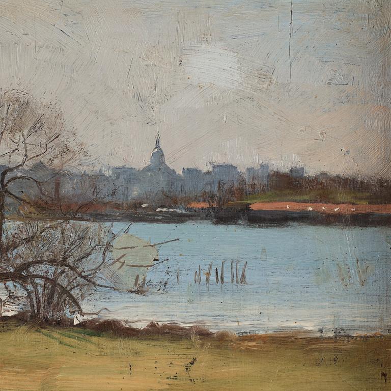 Vy från Djurgården (Ryssviken) mot Södermalm och Katarina kyrka.