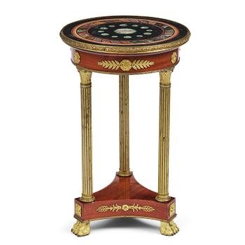 32. An Empire-style mahogany table with a pietre dure, micromosaic and specimen marble top, mid 19th century.