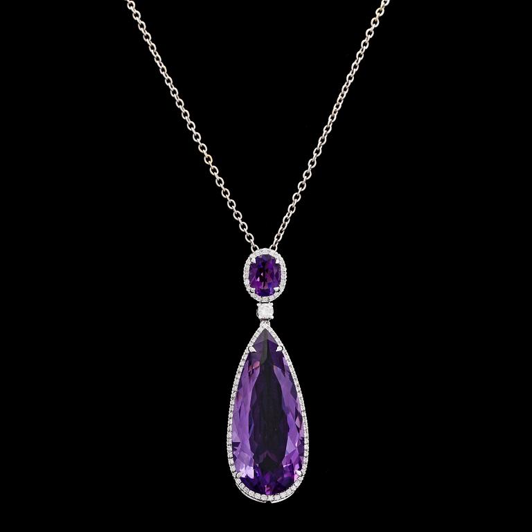 An amethyst, 20.70 cts, and brilliant cut diamond pendant, tot. 0.56 cts.