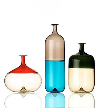 Tapio Wirkkala, a set of three bottle shaped vases, Venini, Italy 1987.