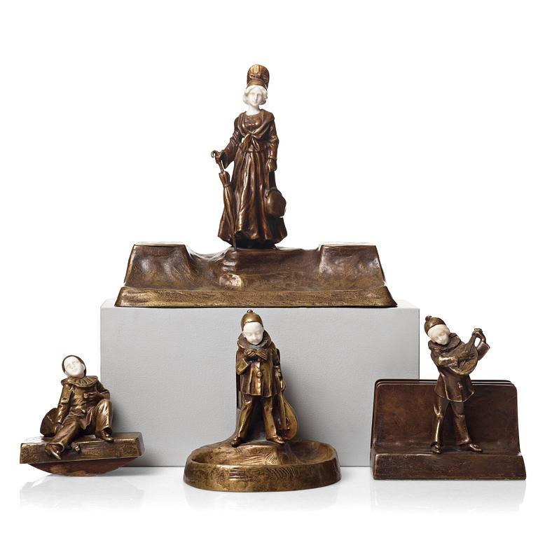 Peter Tereszczuk, a four pieces Art Nouveau bronze and ivory desk set, foundry Arthur Rubenstein, Vienna 1895-1925.