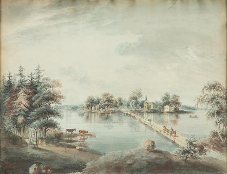 Elias Martin, attributed, Lake landscape with a church, choir, figures, and rune stone.