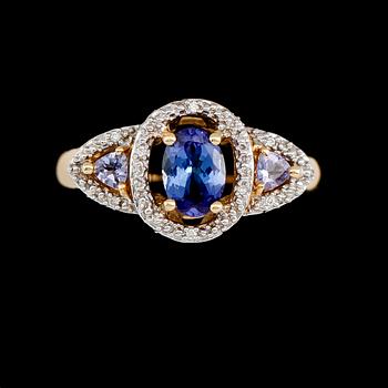 RING, 14 k guld, tanzaniter, diamanter tot ca 0.20 ct.