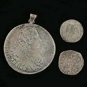 SILVERMYNT, 3 st, Frankrike, Republiken Venedig, Ryssland, 1100-1700-tal. Tot ca 30 gram.