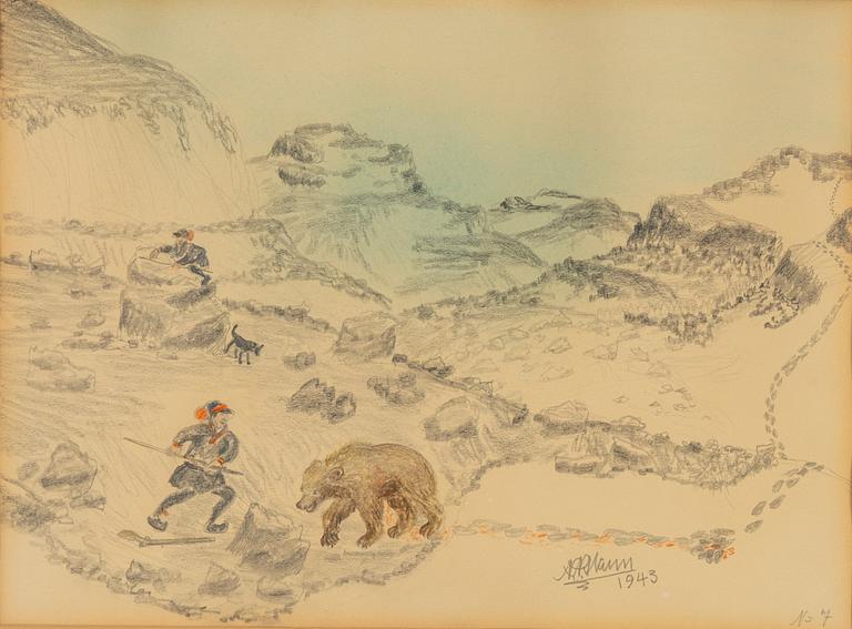 Nils Nilsson Skum, krit- och blyertsteckning, signerad och daterad 1943.