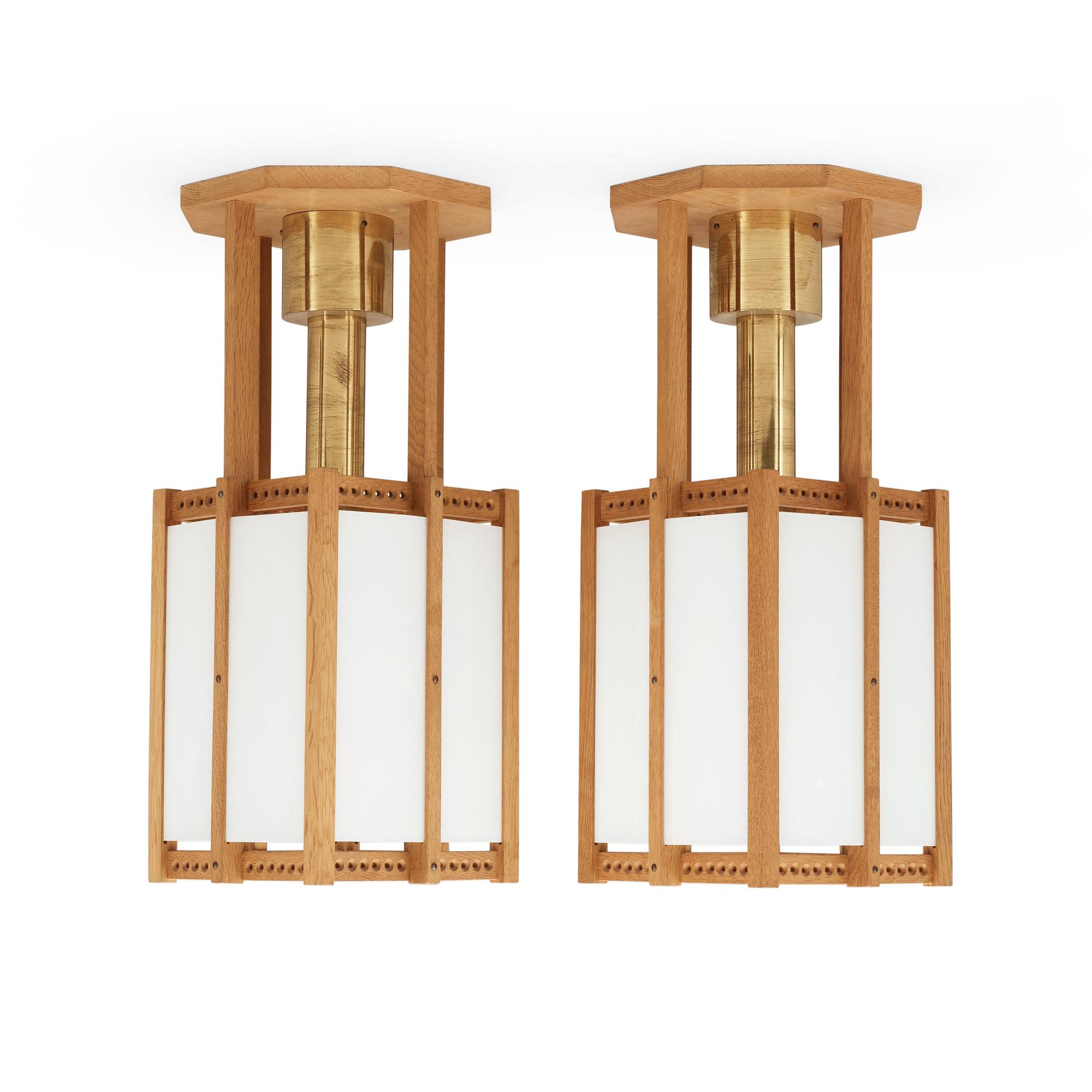 A pair of John Kandell oak, brass and opaque glass celing lamps, Sweden 1950's.