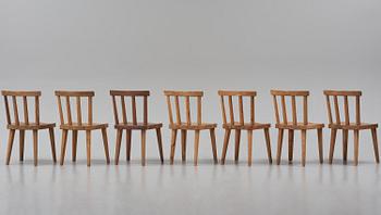 Axel Einar Hjorth, a set of seven stained pine "Utö" chairs, Nordiska Kompaniet, Sweden, 1930s.