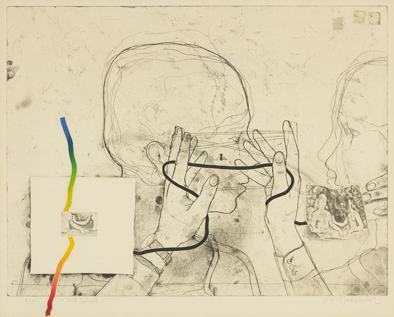 PG Thelander, etsning med utskurna separatinfärgade plåtar, 1966, signerad 8/30.