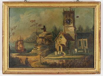 KLOCKTAVLA, olja med urverk och väderkvarn,
1800-talets mitt.