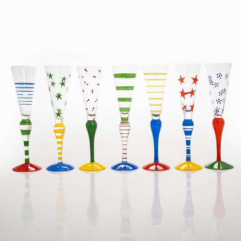 Anne Nilsson, a set of twelve 'Clown' champagne glasses, Orrefors.
