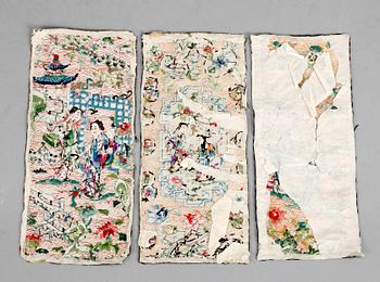A set of three silk and gold-thread embroideries of court ladies in a garden, late Qing dynasty (1644-1912).