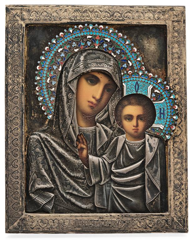 A Russian 19th century silver and enameled icon, possibly by Emelian Kuznetsov, S:t Petersburg.