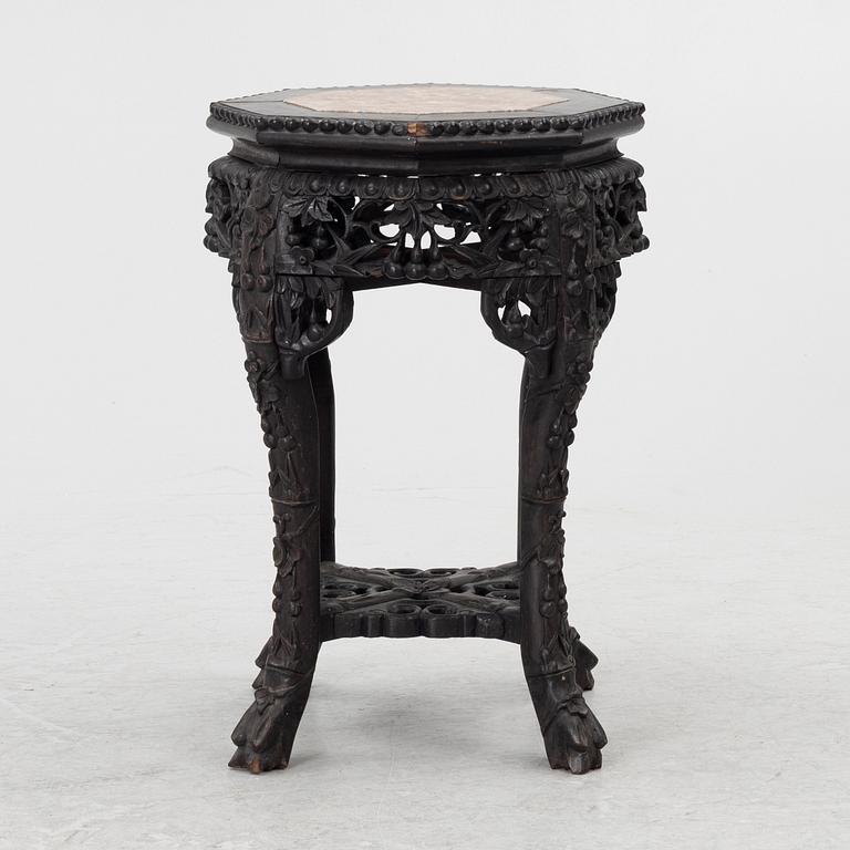A Chinese small table, carved wood and stone, 1900s.