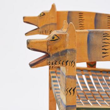 Gérard Rigot, a sculpted and painted oak chair, exectued in his studio, France, second half of the 20th century.