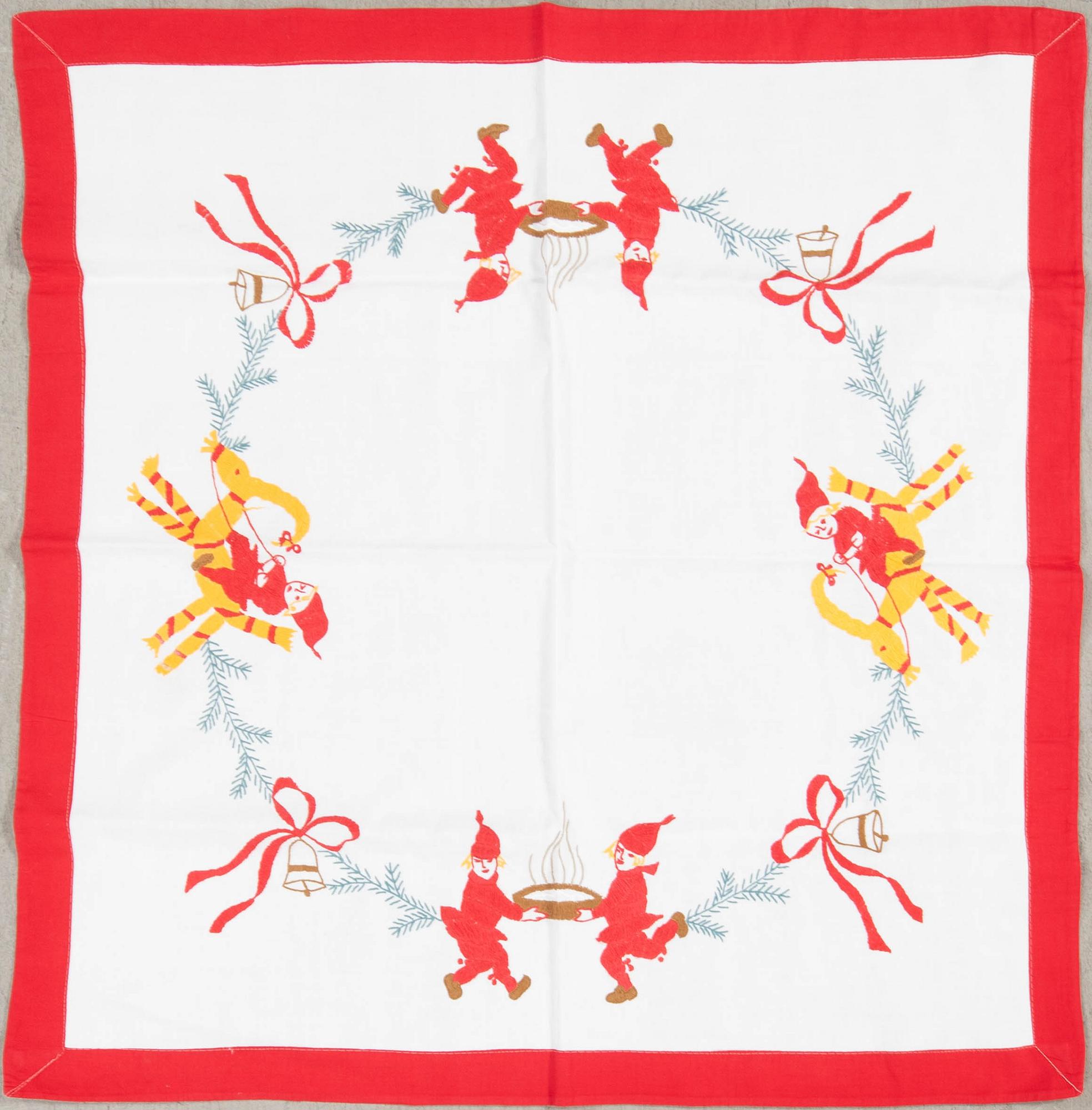 A collection of Christmas tablecloths, Christmas tree skirts, an apron, and runners, 21 pcs, 20th century.