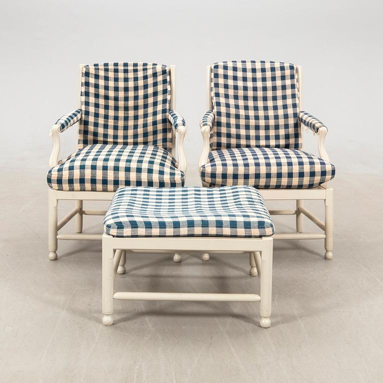 Armchairs, a pair and a footstool, "Medevi", from IKEA's 18th-century series, 1990s.