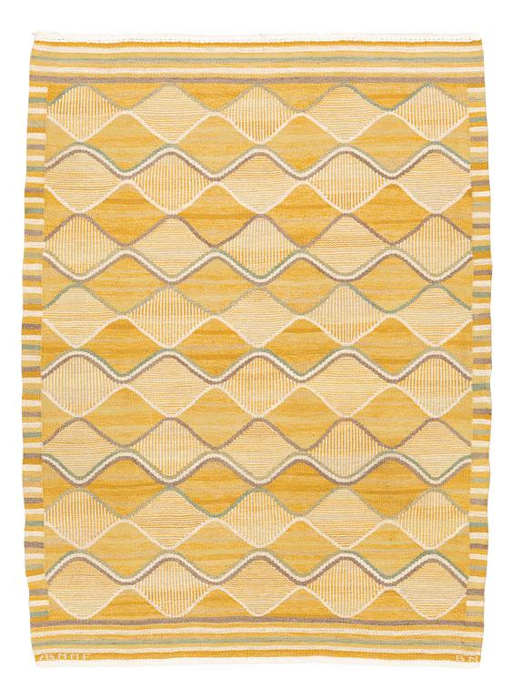 Barbro Nilsson, a carpet, "Spättan, gul", flat weave, ca 190,5-192,5 x 135-143 cm, signed AB MMF BN.