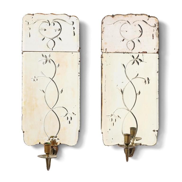 A pair of Swedish engraved-glass one-branch girandole mirrors, later part 18th century.