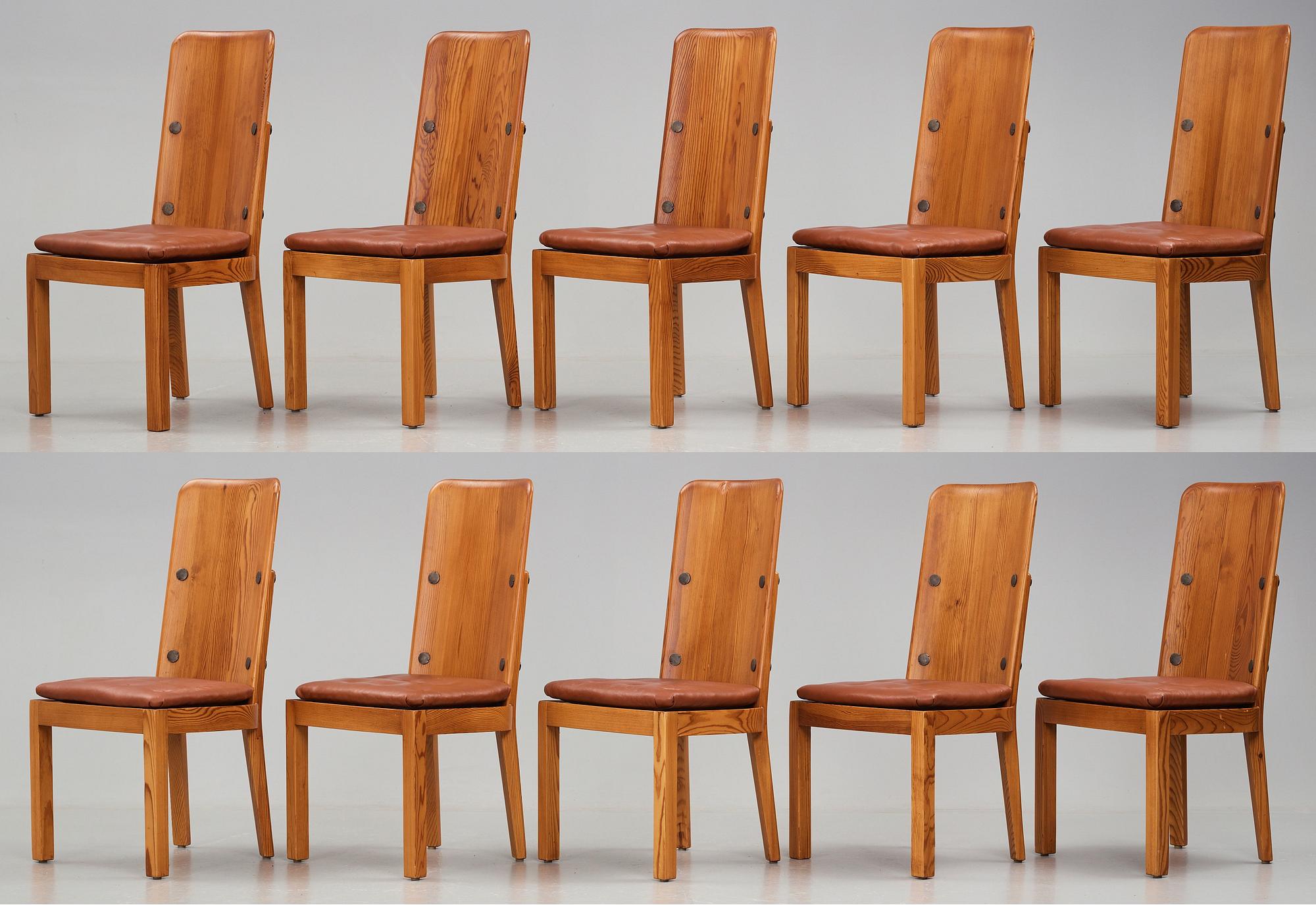 Axel Einar Hjorth, a set of ten "Lovö" stained pine dining chairs, Nordiska Kompaniet, Sweden 1930's.
