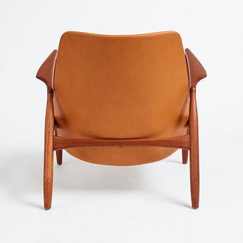 Ib Kofod-Larsen, a teak and brown leather 'Sälen' easy chair, OPE Möbler, Jönköping 1950s.