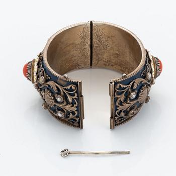 Silver, pearl and coral bangle.