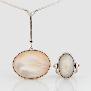 Vivianna Torun Bülow-Hübe, a sterling and mother of pearl necklace and ring, probably 1980's.