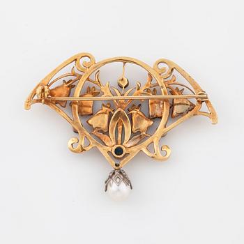 A enamel, pearl, sapphire and single cut diamond brooch.