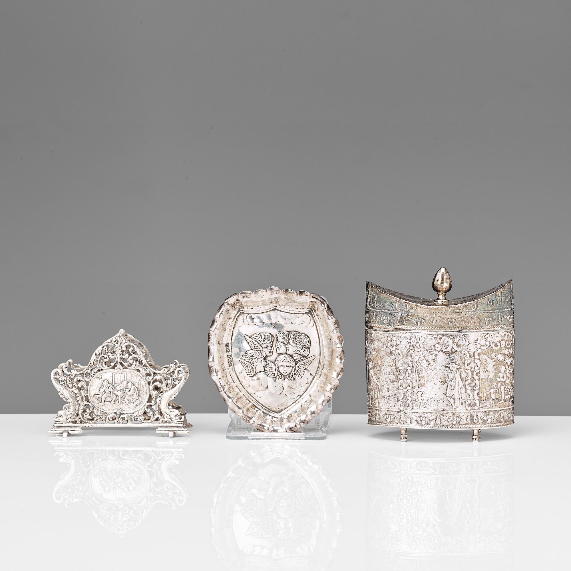 A Dutch late 19th century silver jar and napkin-holder. An ash-tray, Birmingham 1902.