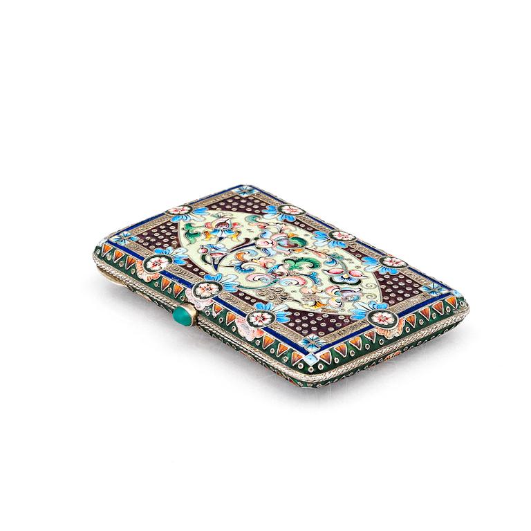 A Russian parcel-gilt silver and cloisonné enamel cigarette-case, Bril & Girshman, Moscow 1908-1917.