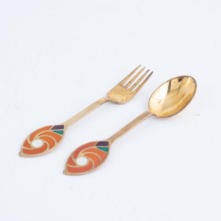 Anton Michelsen, Christmas cutlery, 13 pieces, gilded sterling silver and enamel, Denmark.