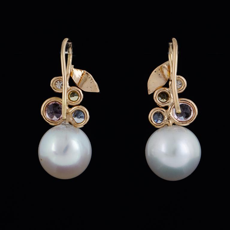 Saltwater pearl, pink tourmaline, sapphire and brilliant-cut diamond earrings.