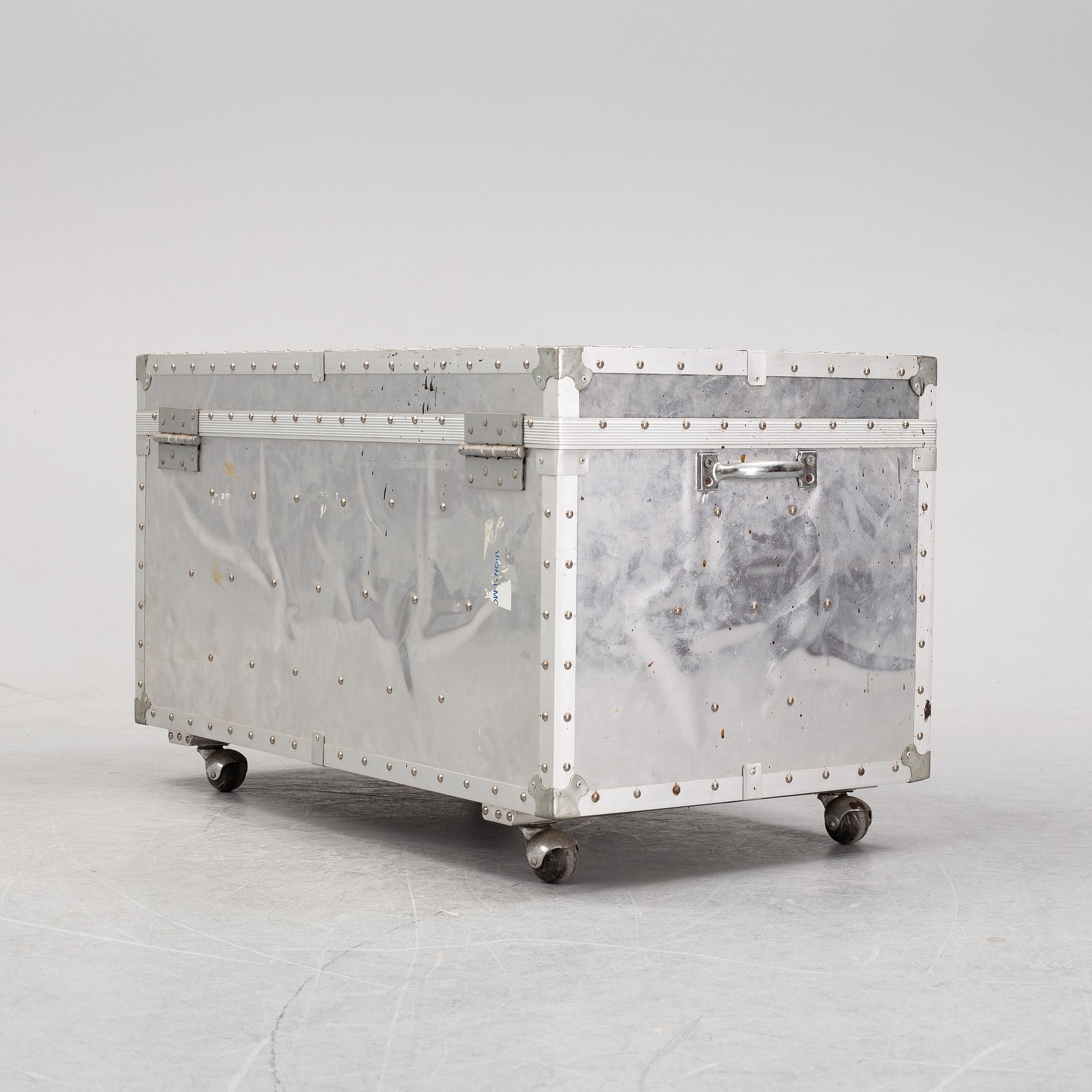 A large metal storage box on wheels, 20th Century.