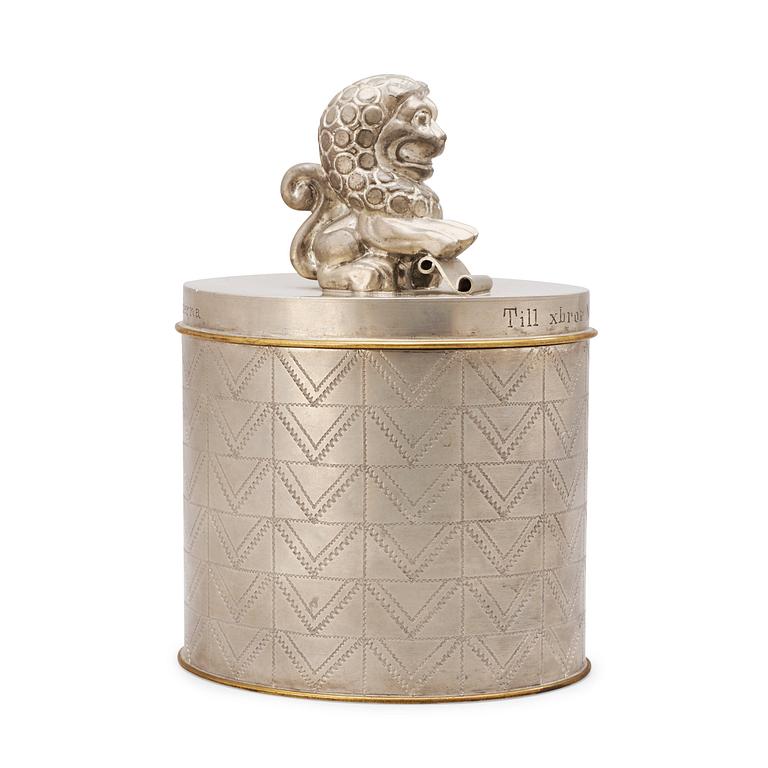 An Anna Petrus pewter and brass lidded jar, Svenskt Tenn, Stockholm 1928.