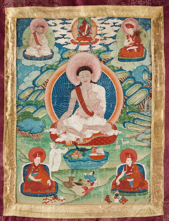 THANGKA, Tibet omkring 1900. Porträtt avbildande Milarepa.