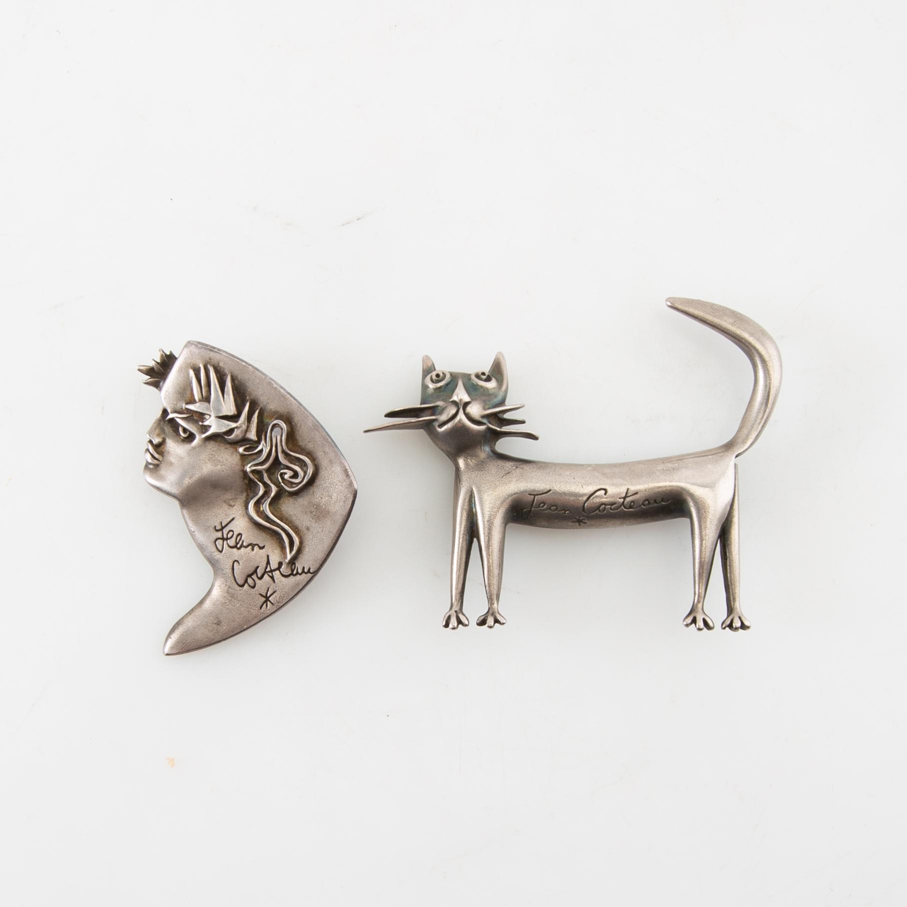 Jean Cocteau, brooches, 2 pcs, "Madeline Flammarion" and "Orpheus", silver.