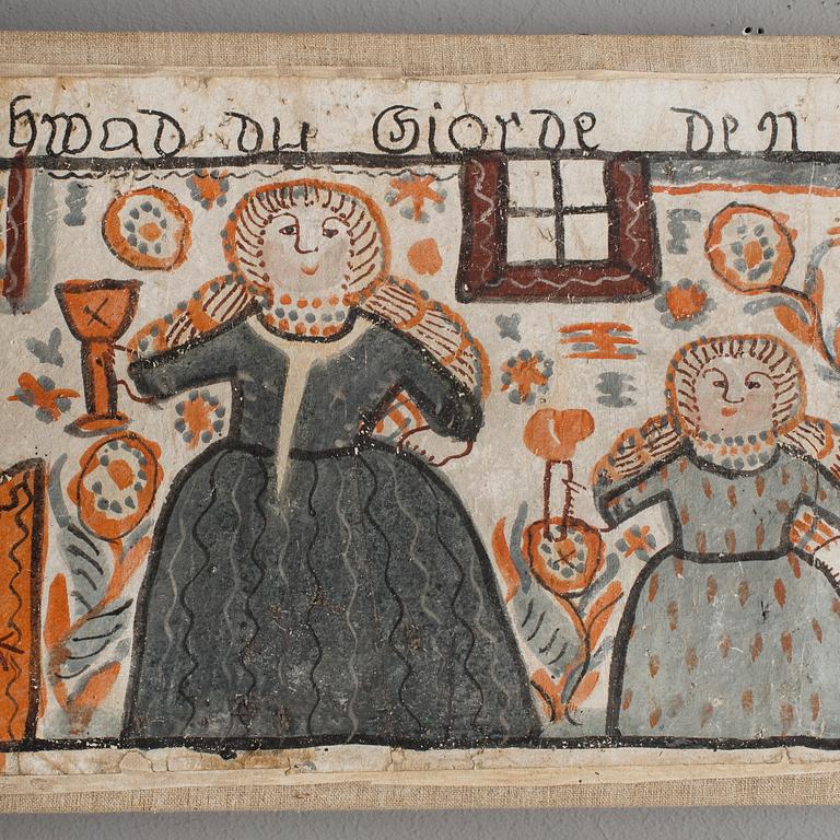 two pieces of folk art traditional wall paintings from the south of Sweden, tempera on paper, early 19h Century.