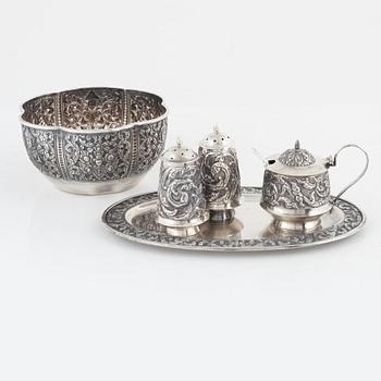 A Sterling Silver Cruet Set and a Bowl, Thailand.