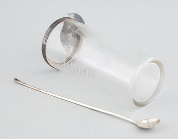 Cocktail jug and stirrer in glass and silver by Anton Michelsen, Denmark, mid/third quarter of the 20th century.