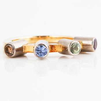 Three multicolored sapphire and brilliant cut diamond rings.