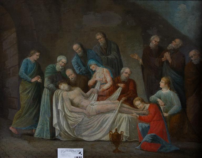 OKÄND KONSTNÄR. Olja på duk uppklistrad på pannå. Omkring år 1800.