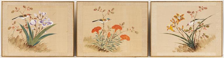 Three paintings on silk, China, mid-20th Century.