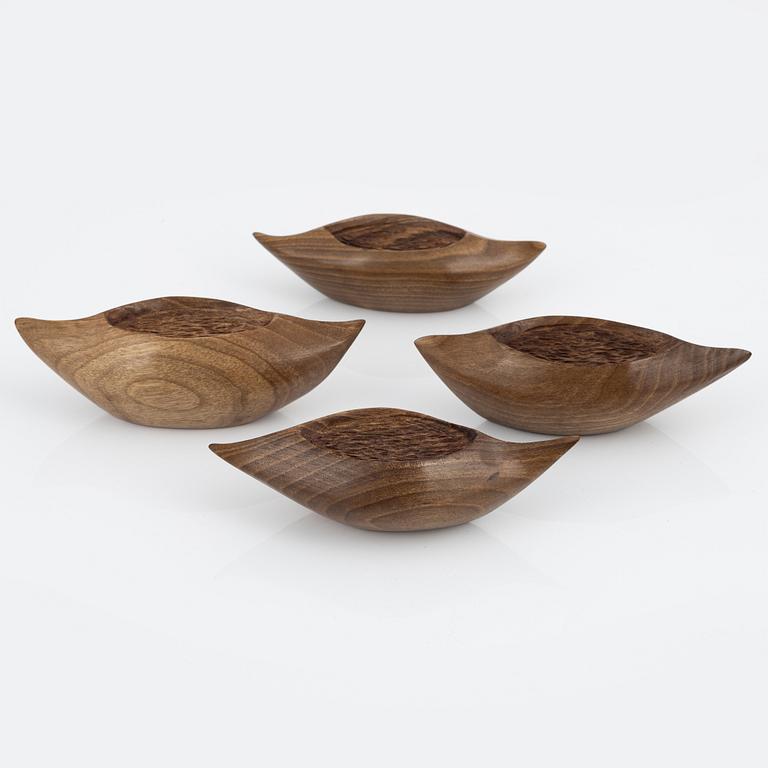 Magnus Ek, a set of four walnut wood canapé holders for Oaxen Krog.