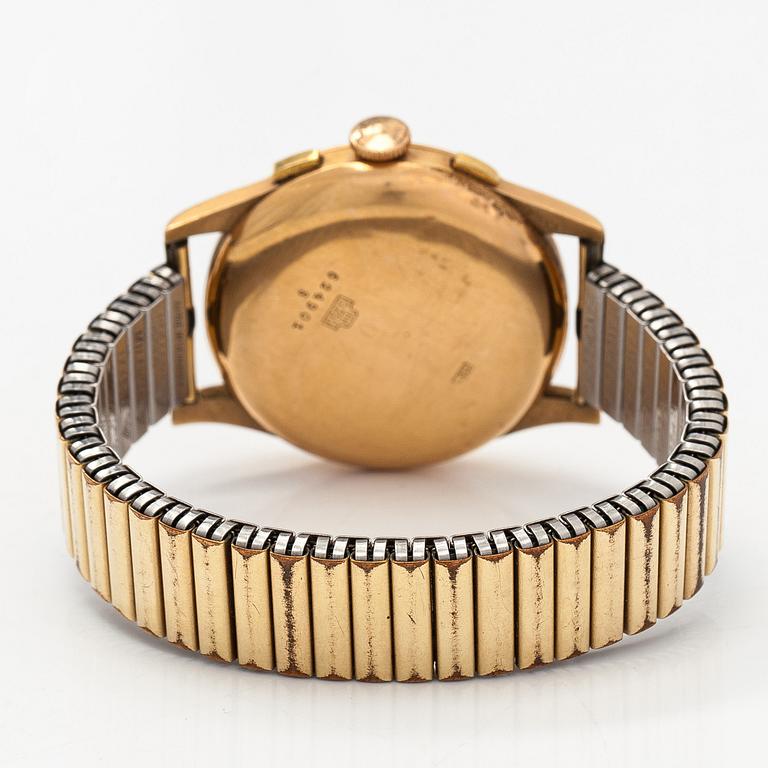 Chronographe Suisse, rannekello, 37,5 mm, 18K kultaa, manuaalinen, pleksilasi.