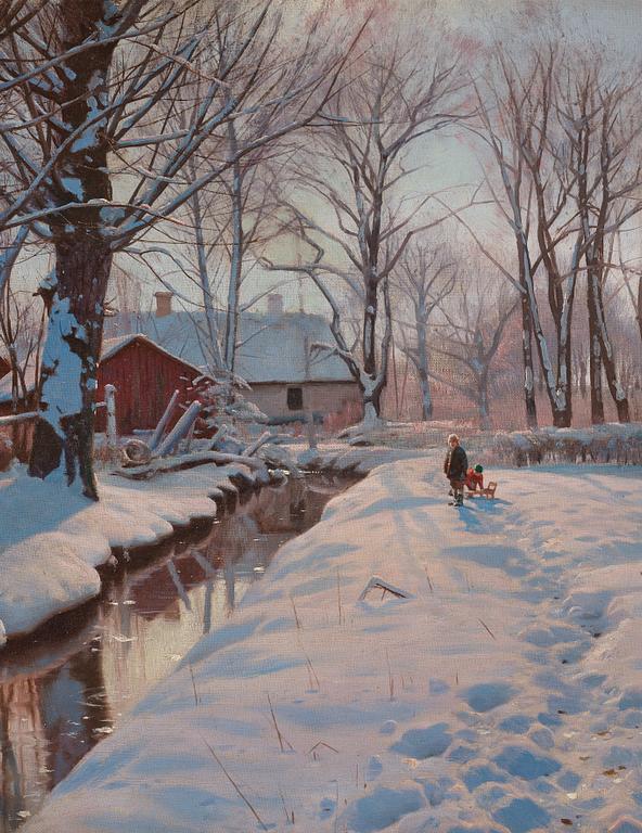 Peder Mork Mönsted, A winter landscape with children sledding.